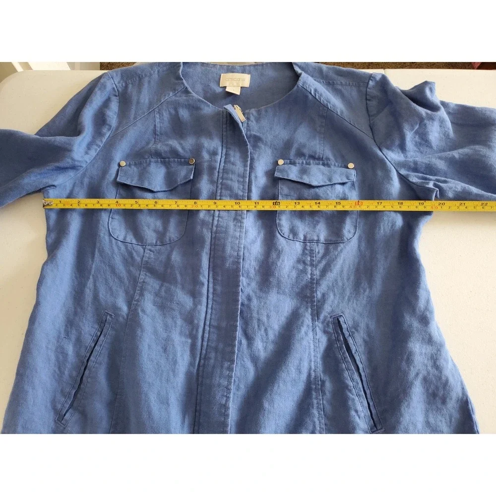 Chico's 1 Blue 100% Linen Jacket Collarless Zip Front‎ 3/4 Sleeve Medium